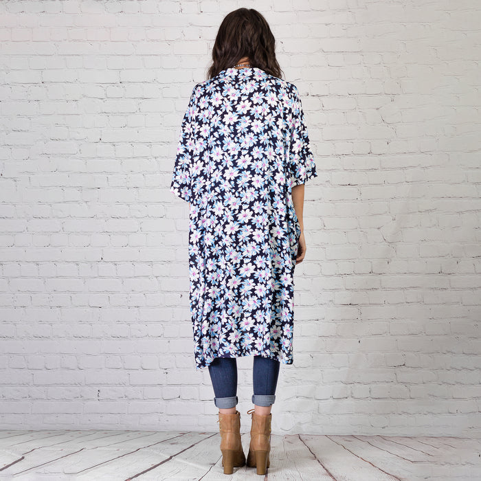 6663 - Floral Print Duster - Blue