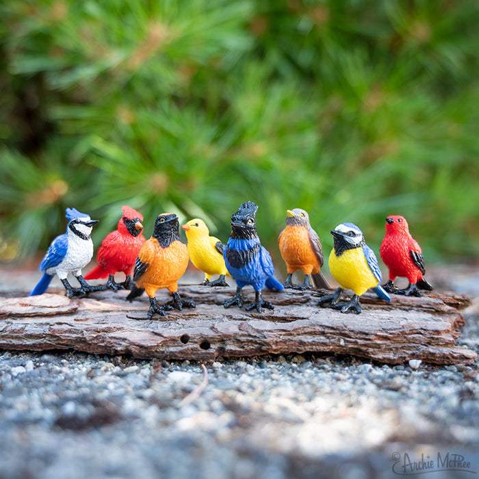 The Collection of Mini Garden Birds features vibrant colors such as blue, red, and yellow perched on a log against a green backdrop. Made from soft vinyl, these birds are an ideal addition to any birdhouse package.