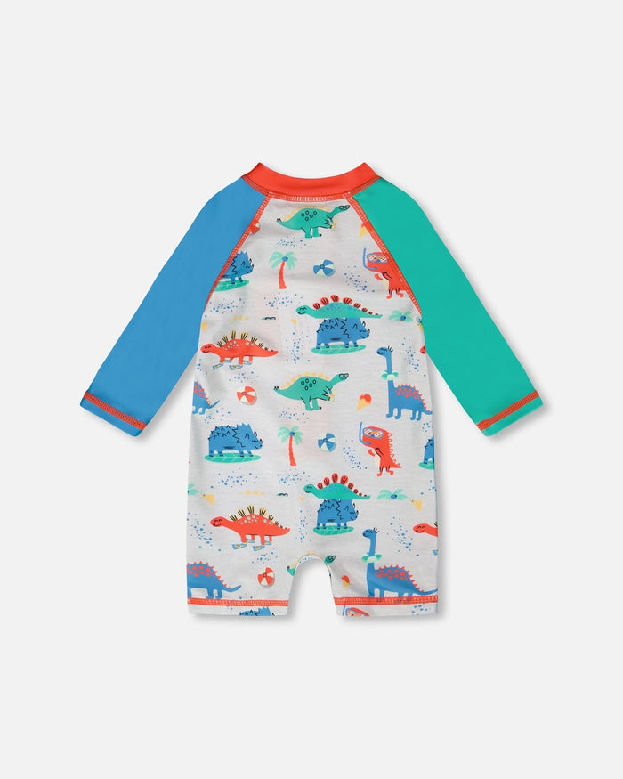 Back view of grey baby dinosaur print rashguard one-piece for baby and toddler boys