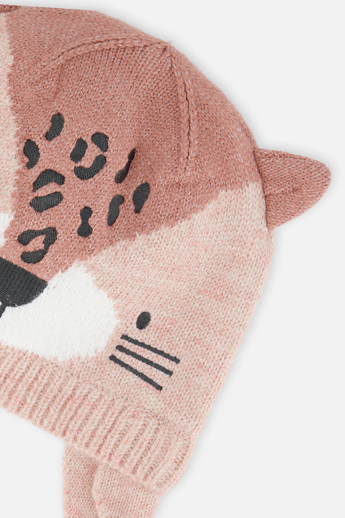 Baby Leopard Winter Knit Hat With Ear Flaps And Ears Pale Dusty Pink-3