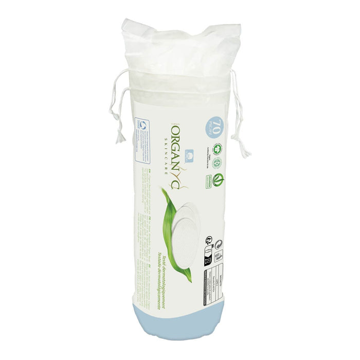 Back of Organyc cotton pads with drawstring bag on a white background.