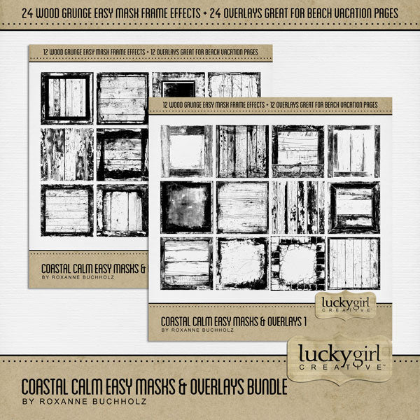 Love distressed wood backgrounds? Now you can create your own with these Enhanced Digital Art Easy Mask Frame Effects and Overlay Embellishments by Lucky Girl Creative digital art for digital scrapbooking. Perfect for beach vacations, western and farm pages, and so much more! With 24 unique grunge wood textures, these designs can be used as is, filled with paper, colorized, or used as Blend effects. Now you can design your own backgrounds! Make subtle or bold - the choice is yours!