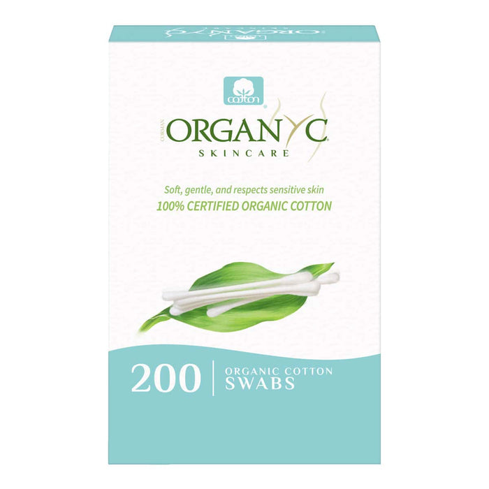 Box of Organyc skincare cotton swabs on a white background. 200 swabs.