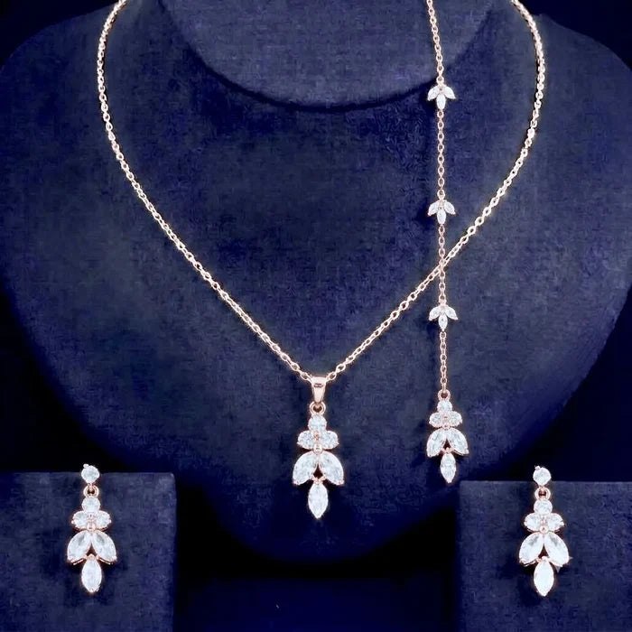 Elegant CZ Bridal Backdrop Necklace and Earrings Set | Silver, Gold & Rose Gold