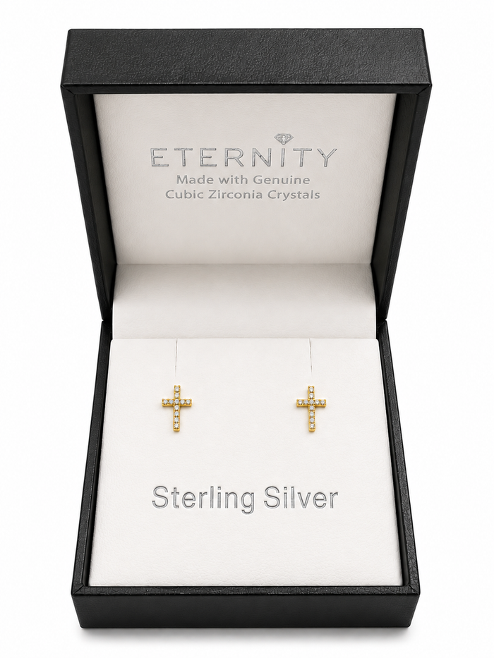 Eternity Sterling Silver Crystal Gold Mini Cross Earrings