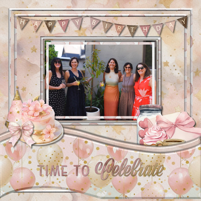Celebrate the woman or girl in your life with these feminine watercolor embellishments, papers, word art, and clusters by Lucky Girl Creative digital art for digital scrapbooking. Great for birthday, girls night out, celebrations, and other girly activities. Embellishments include kitty, cat, balloon, banner, bunting, bathtub, book, bouquet, flowers, cake, candle, chair, clipboard, dress, confetti, streamer, crown, champagne, coffee, wine, envelope, avocado toast, Bundt cake, cheese, chocolate, strawberries