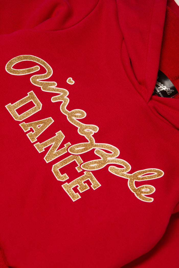 Pineapple dance gold glitter chest print on red hoodie for kids.