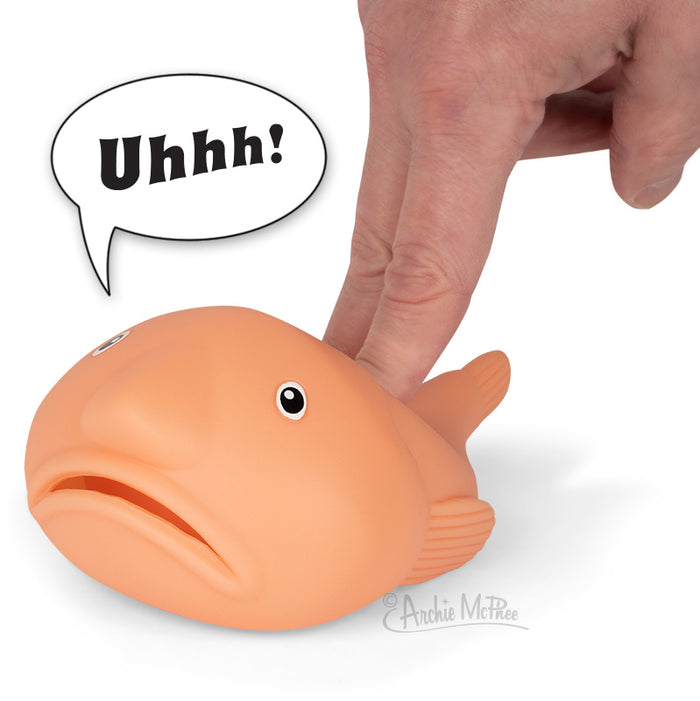 When a finger presses the Groaning Blobfish, it releases an oink-like groan along with a speech bubble displaying "Uhhh!".