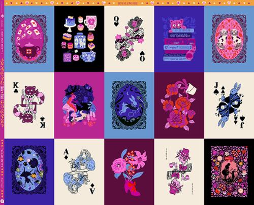 Grid of playing card designs with colorful and artistic illustrations on a purple background. Ruby star society sarah watts panel Hello Alice collection 100% cotton quilt fabric