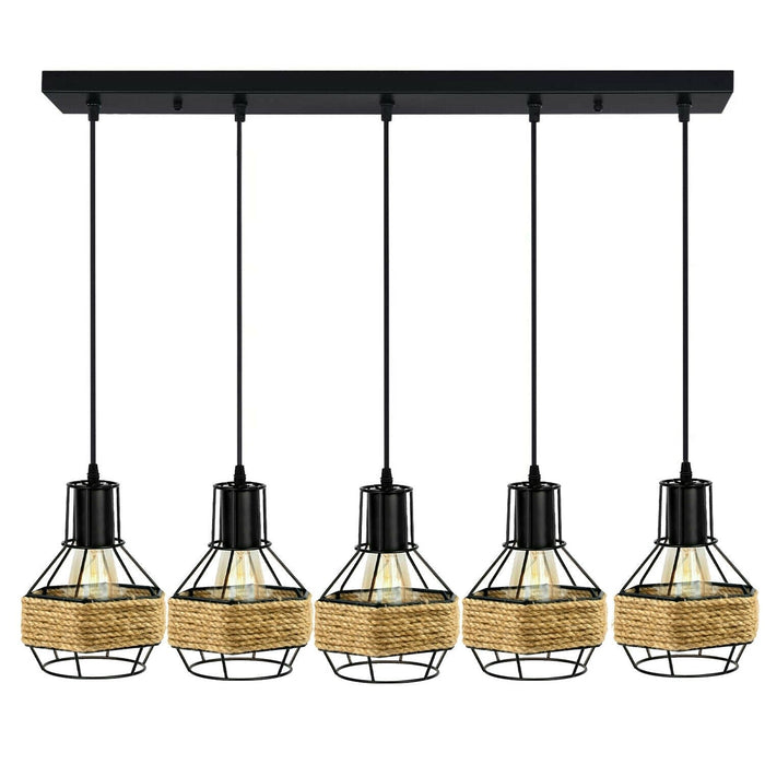 Industrial Hemp Rope Chandelier 5 Head Metal Ceiling Pendant Light~1633