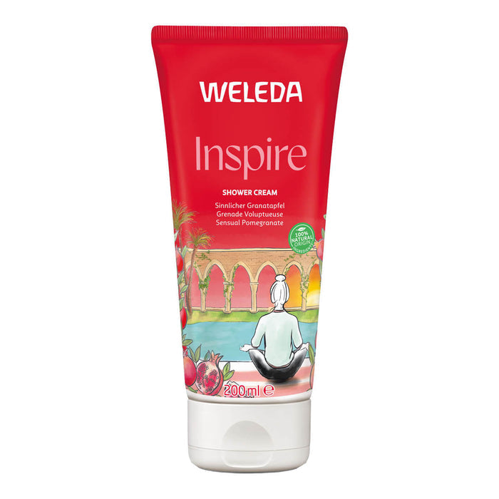 Weleda Inspire shower cream tube on a white background.