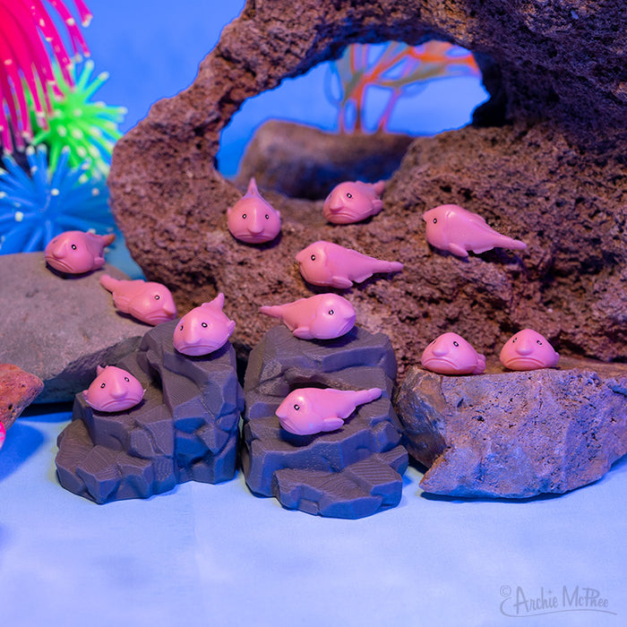 Itty Bitty Blobfish made of pink rubber rest on rocks in a vibrant underwater-themed display, adding a quirky touch.