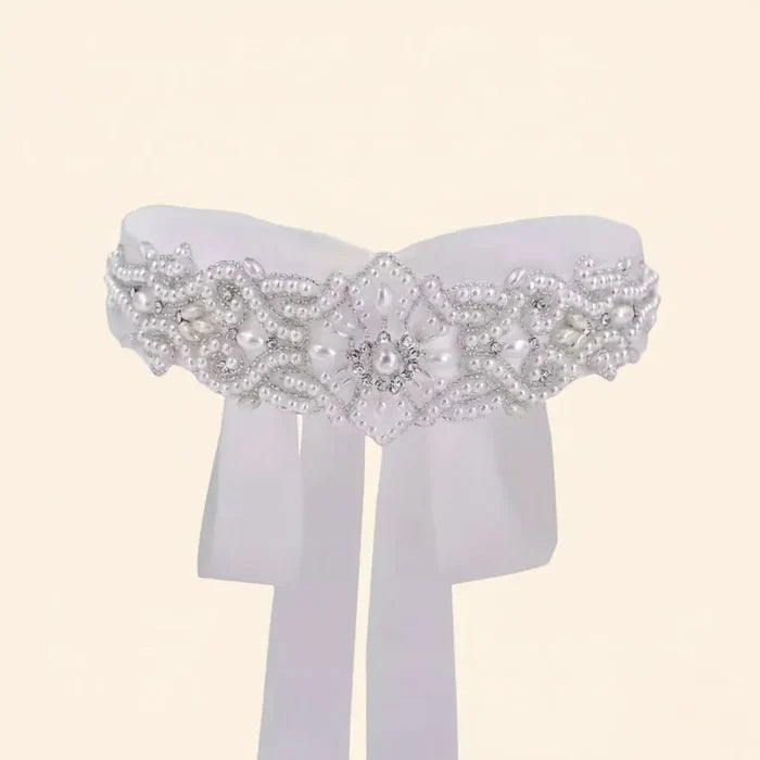 Pearl & Crystal Bridal Belt with Ivory Satin Ribbon | Wedding Sash