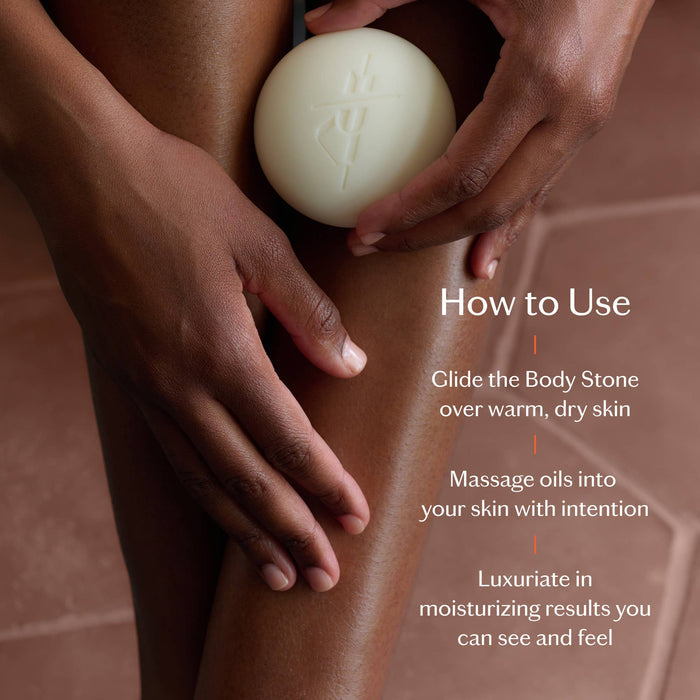 Person using a body stone on their leg with text on how to use it.