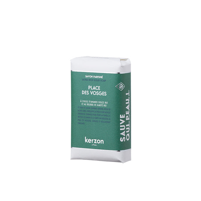A packaged bar soap with green and white branding labeled 'Kerzon Place des Vosges'.