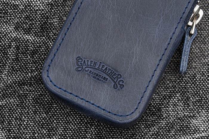 Leather Zippered Magnum Opus 2 Slots Hard Pen Case with Removable Pen Tray - Crazy Horse Navy Blue