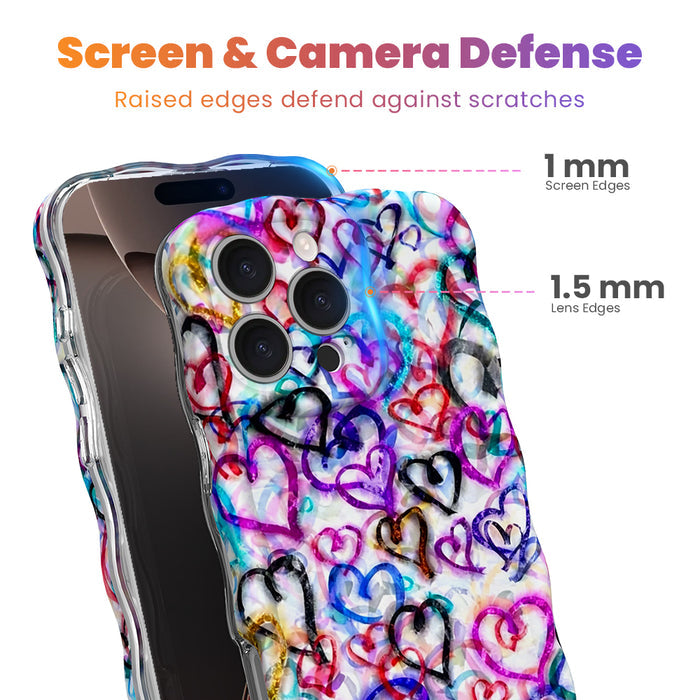 Trendy wavy iPhone case featuring a vibrant street-art collage of neon spray-paint hearts with a high-gloss finish.
