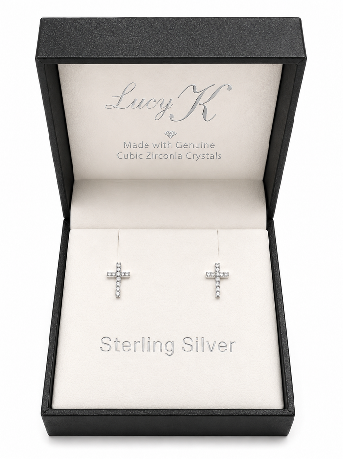 Lucy K Sterling Silver Crystal Delicate Cross Earrings