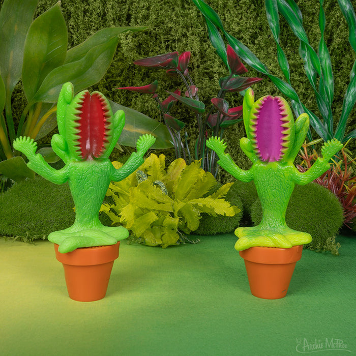 Two Meditating Venus Flytraps, with vibrant colors and toothy mouths, sit in bright orange pots against a lush green backdrop.