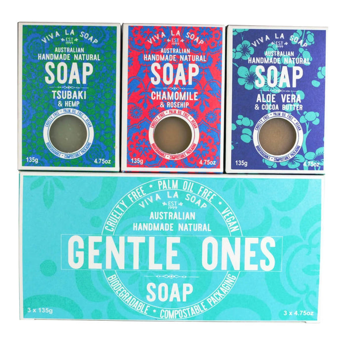 3 handmade and natural soaps suitable for sensitive skin next to its box.