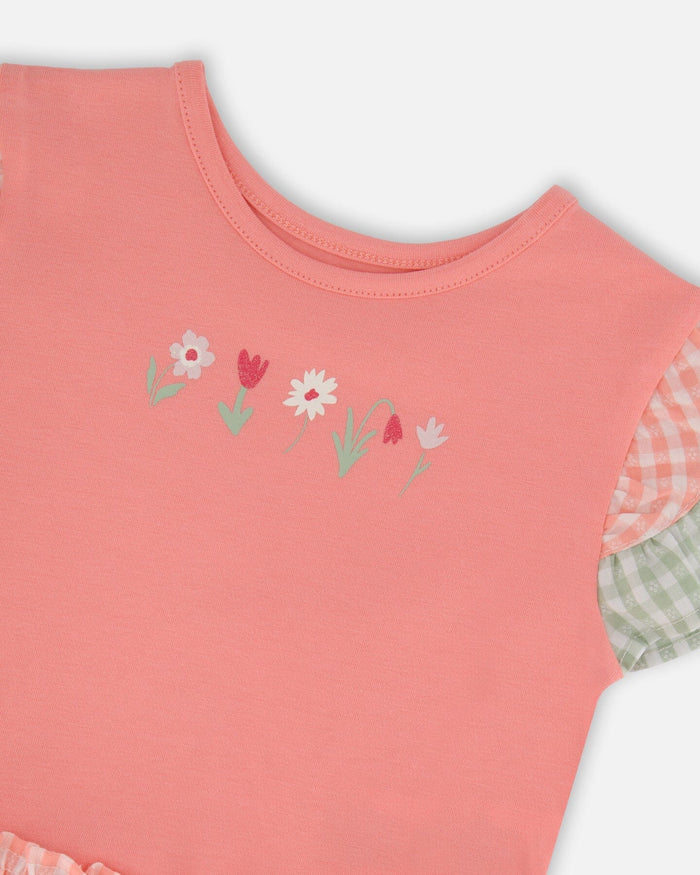 Organic Cotton Bi-Material Dress Coral And Gingham-3