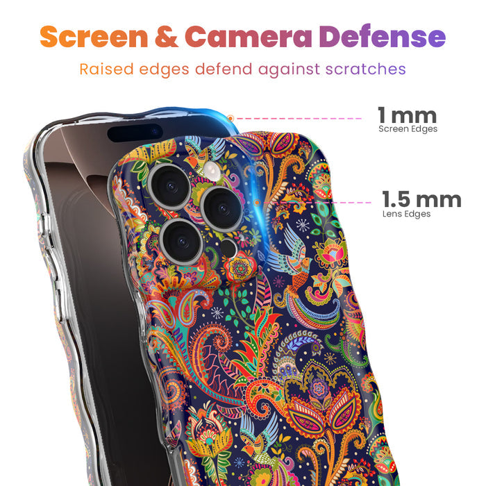 Screen and camera defense diagram for the Paisley Birdsong iPhone case, showing the 1 mm raised screen edge and 1.5 mm raised lens edge that guard against scratches.