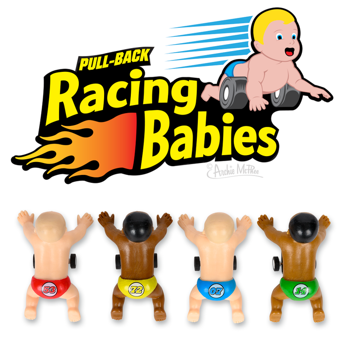The Racing Babies set includes four wheeled pull-back baby race toys dressed in numbered diapers, arranged beneath a flaming logo. Made from soft vinyl and plastic, these entertaining racers promise endless fun.