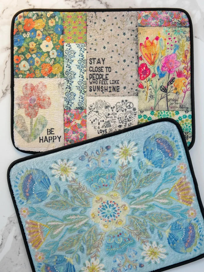 Reversible Dish Drying Mat - Dusty Blue Folk Flower-view 2