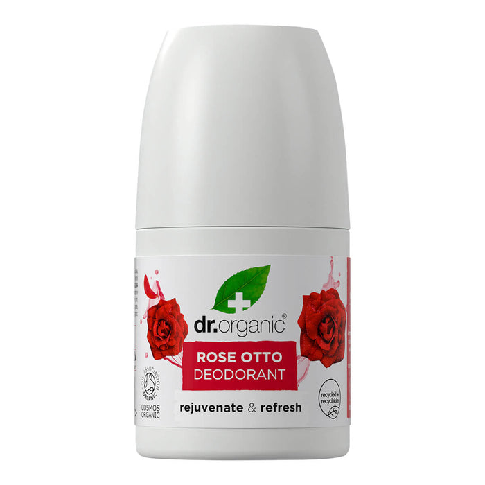 50ml bottle Dr. Organic Rose Otto Roll-On Deodorant, aluminium free, vegan, and cruelty free formula.