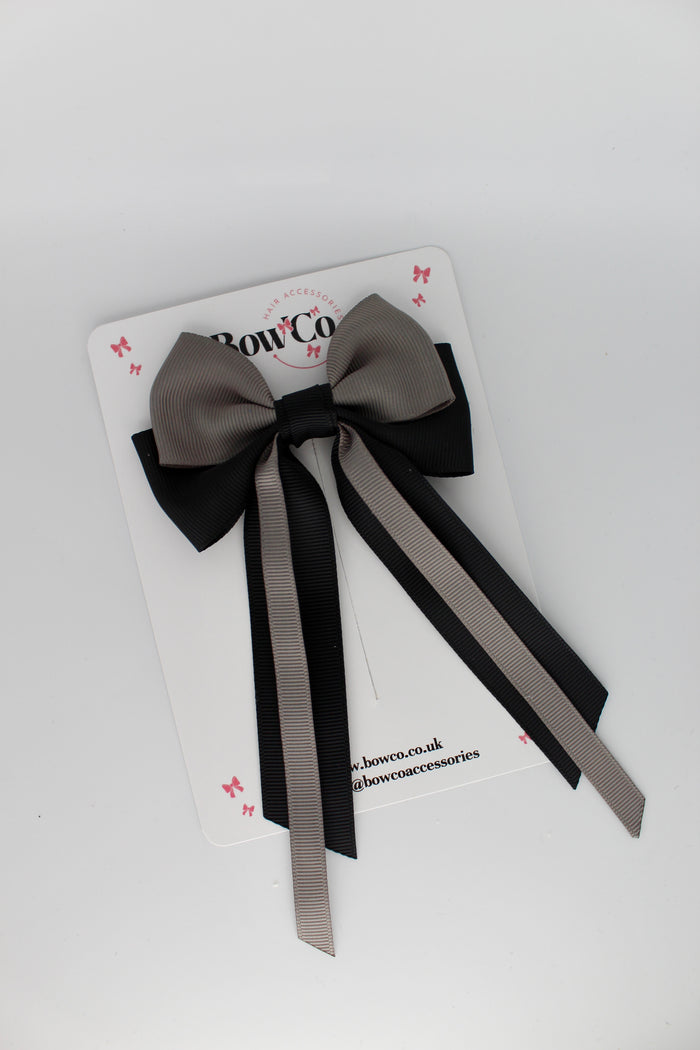 School Bow Black and Grey Streamer Tail Bow - Clip
