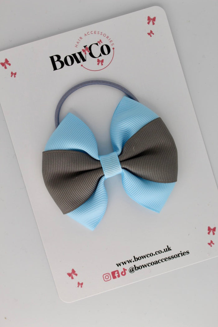 School Bow Blue Topaz and Metal Grey - Round Tuxedo Bow - Elastic