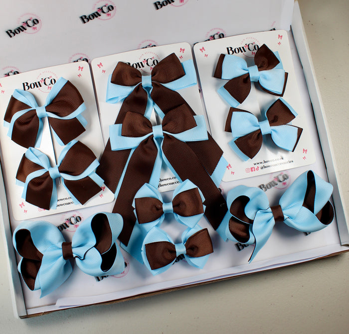 School Bow Bundle Saver - 10 Pack - Blue Topaz and Brown - Clip