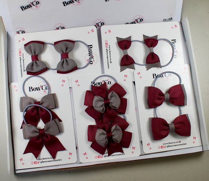 School Bow Bundle Saver - 10 Pack - Burgundy and Grey - Elastic
