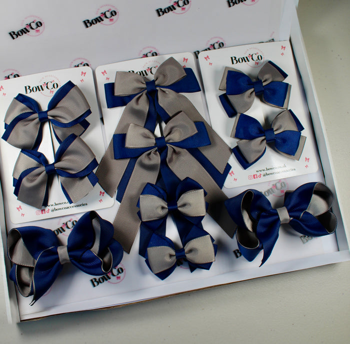 School Bow Bundle Saver - 10 Pack - Navy Blue and Grey - Clip