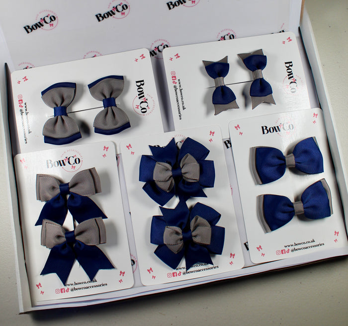 School Bow Bundle Saver - 10 Pack - Navy Blue and Grey - Clip