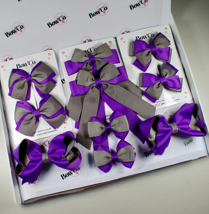 School Bow Bundle Saver - 10 Pack - Purple and Grey - Clip