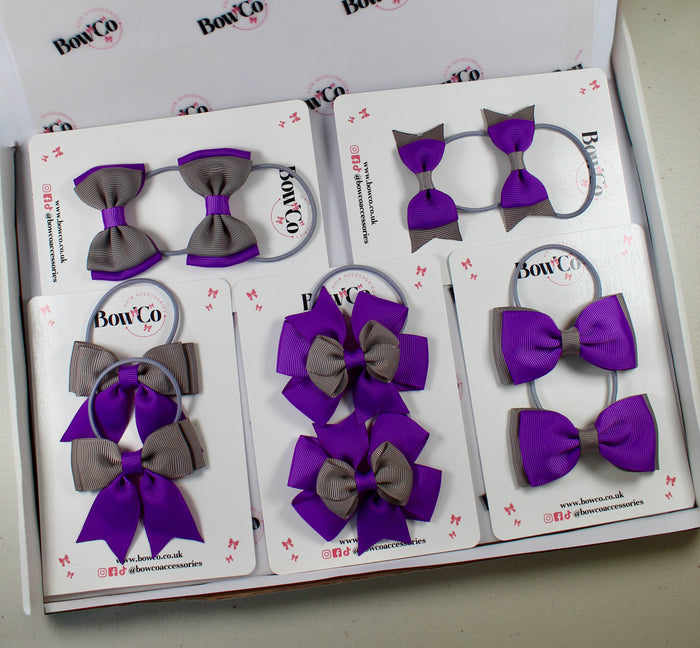 School Bow Bundle Saver - 10 Pack - Purple and Grey - Elastic
