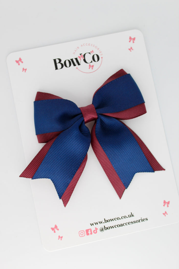 School Bow Navy Blue & Burgundy - Tail Bow Clip