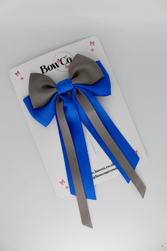 School Bow Royal Blue and Metal Grey Streamer Tail Bow - Clip