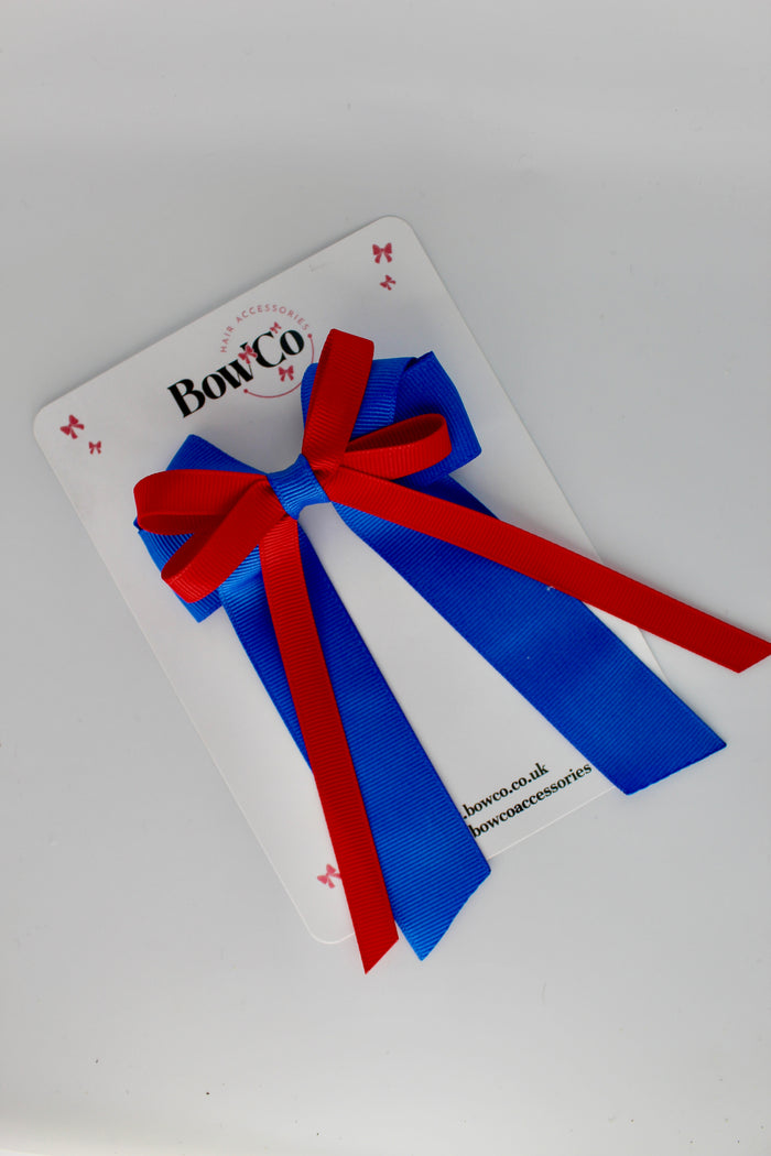 School Bow Royal Blue and Red - Loop Bow Tail Clip