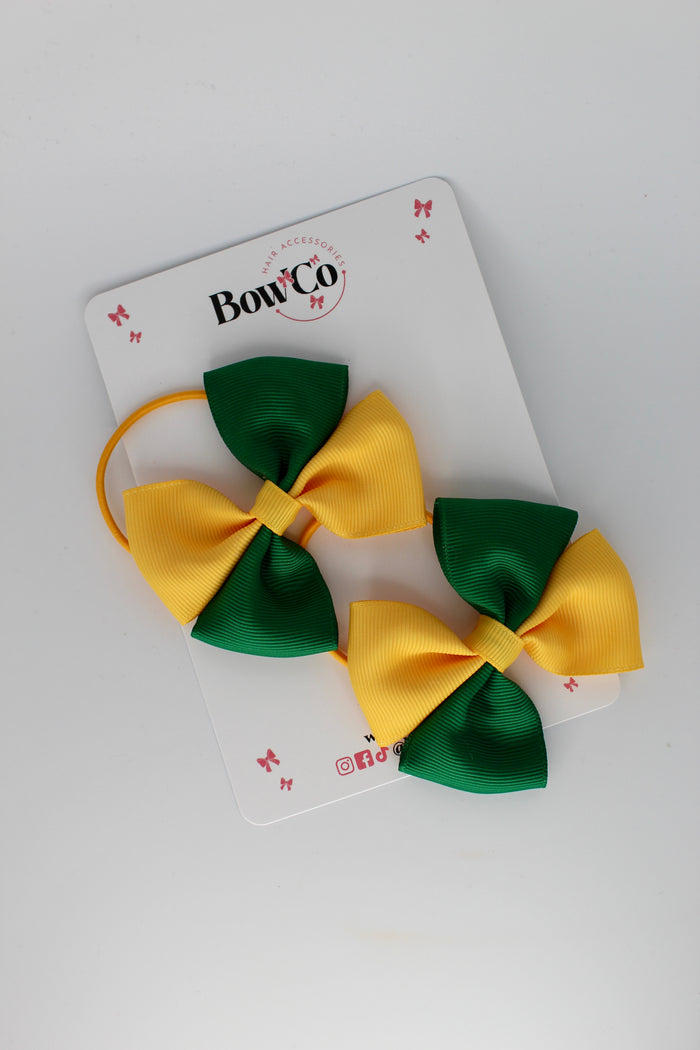 School Bows - Twist Bow Set - Elastic - Forest Green and Yellow Gold