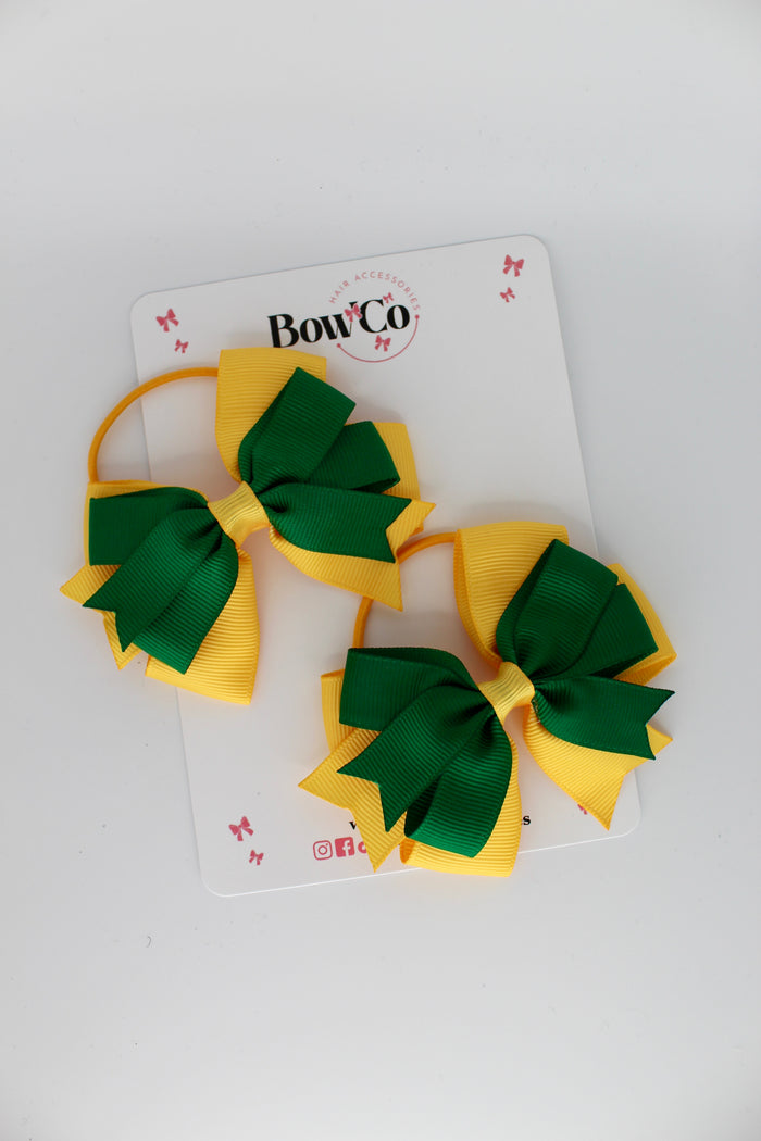 School Bows Forest Green and Yellow Gold - Double Tail Bow Set - Elastic