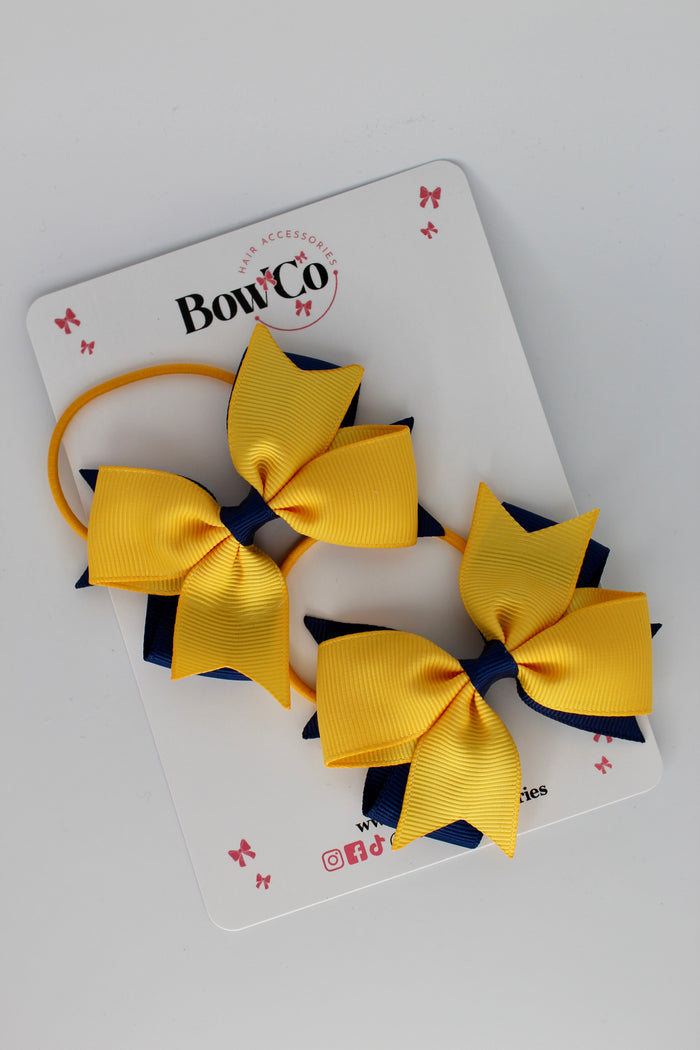 School Bows Navy and Yellow Gold - Layer Tail Bow Set - Elastic