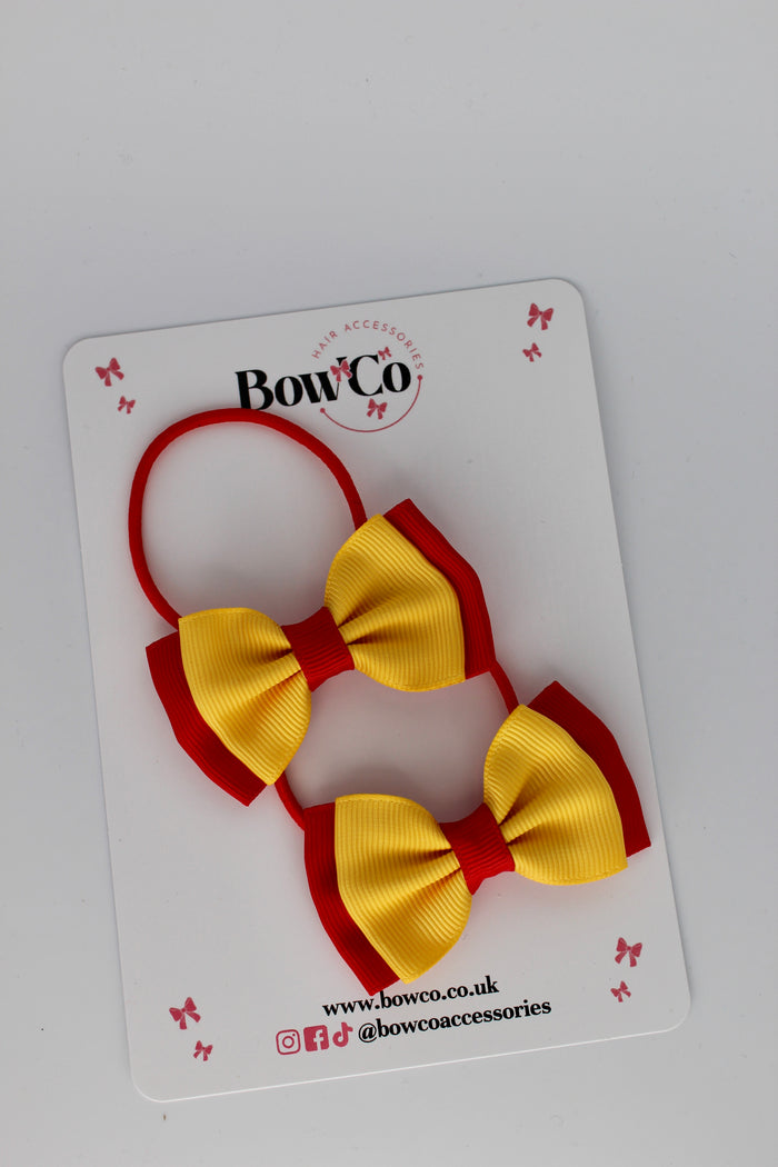 School Bows Red and Yellow Gold - Double Ribbon Bow Set - Elastic