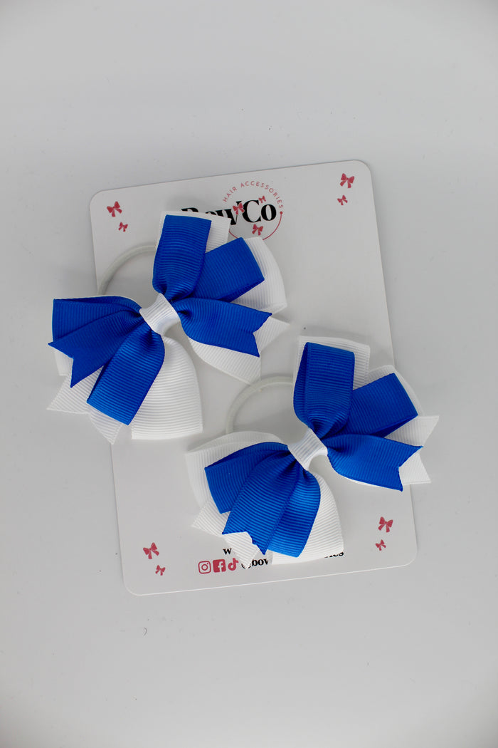 School Bows Royal Blue and White - Double Tail Bow Set - Elastic