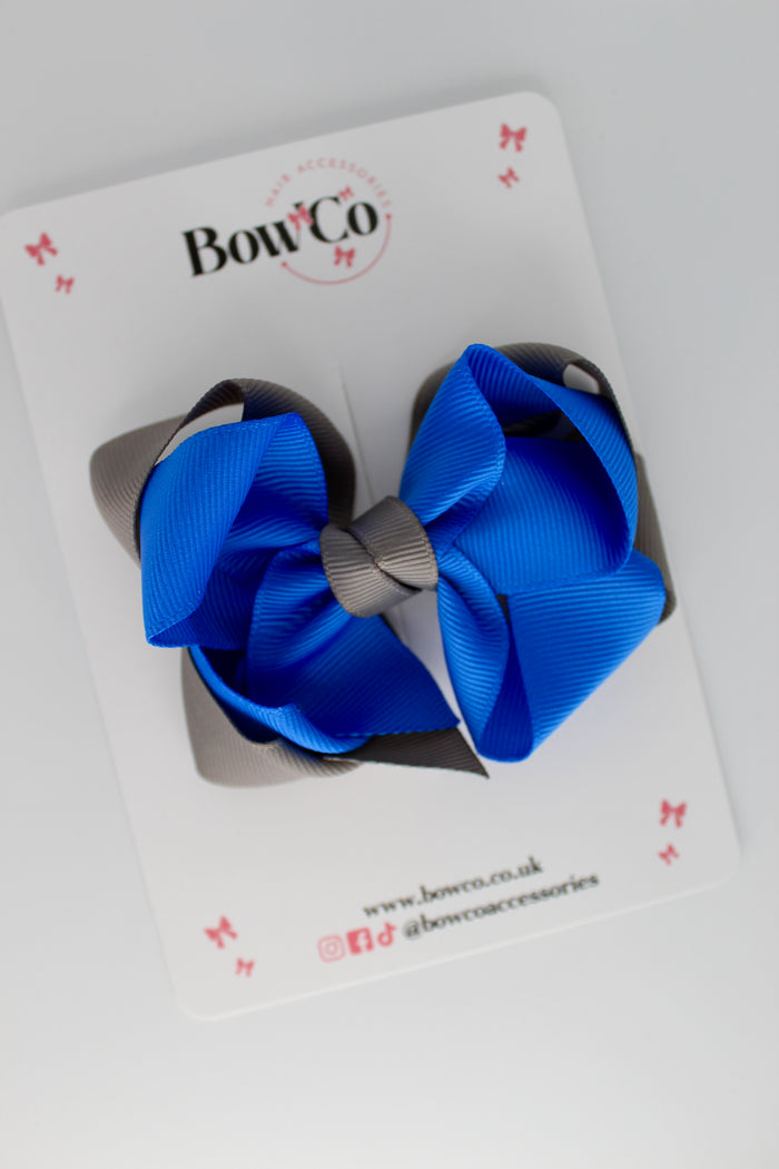 School Royal Blue and Grey Double Loop Bow - Clip
