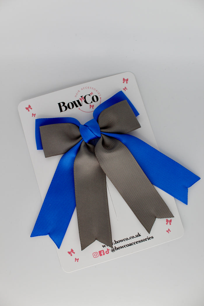 School Royal Blue and Grey Double Ribbon Tail Bow – Clip