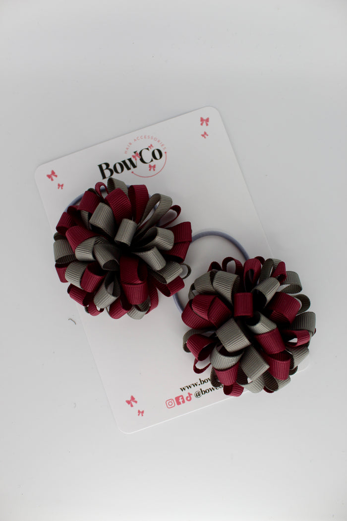 Schools Bows Burgundy and Metal Grey - Pom Pom Bow Set