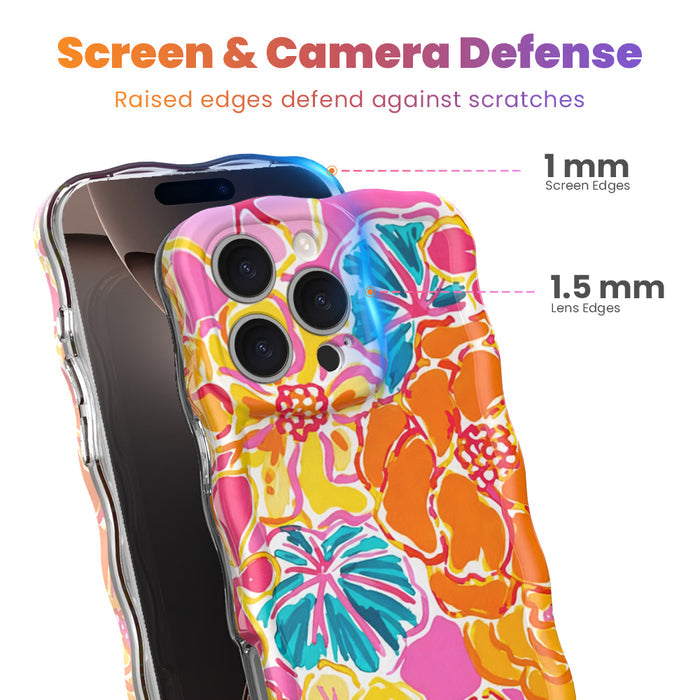 Trendy wavy iPhone case featuring a vibrant pink, orange, and teal hibiscus flower pattern with a high-gloss finish.