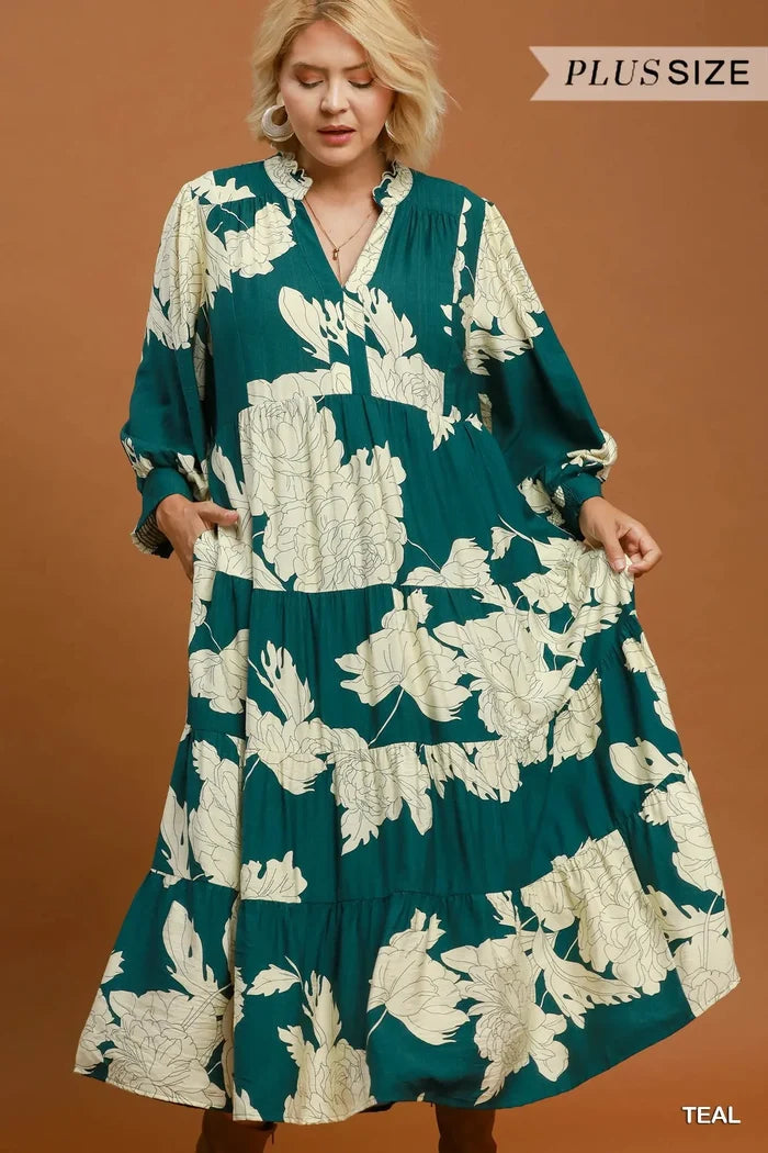 Teal Floral Midi Dress
